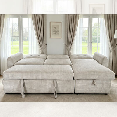 Divano letto componibile a L con letto estraibile e schienale regolabile e chaise longue portaoggetti, tessuto grigio chiaro