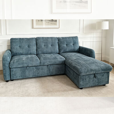 Divano letto componibile reversibile a L con letto estraibile, tavolino ribaltabile e contenitori, tessuto blu sfumato