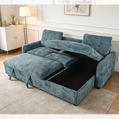 Divano letto componibile reversibile a L con letto estraibile, tavolino ribaltabile e contenitori, tessuto blu sfumato