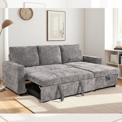 Divano a seczione inversibile a forma di L con letto e deposito estraibili, tessuto metallico grigio