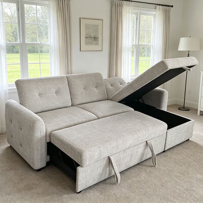 Divano letto componibile a L con letto estraibile e schienale regolabile e chaise longue portaoggetti, tessuto grigio chiaro