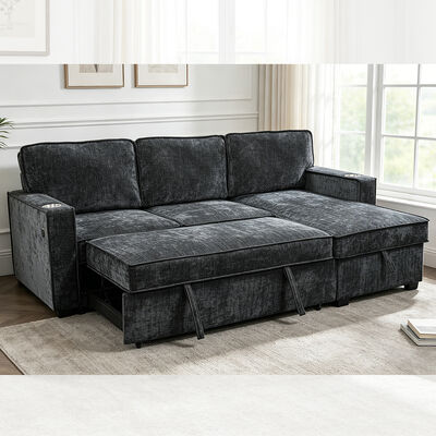 Divano letto componibile reversibile a L con letto estraibile, tavolino ribaltabile e contenitori, ciniglia nero antracite