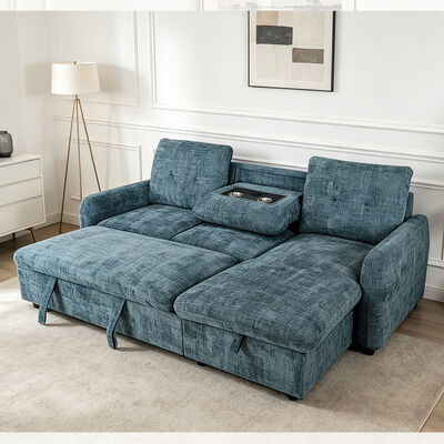 Divano letto componibile reversibile a L con letto estraibile, tavolino ribaltabile e contenitori, tessuto blu sfumato