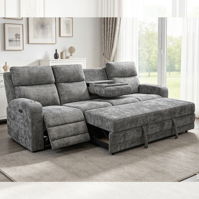Gran divano a sezione con letto estraibile e sedia a sdraio, tessuto metallico grigio