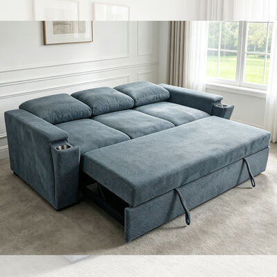 Letto a divano Futon, Letto a divano convertibile, Comodo Letto a tiro con schienale regolabile, Braccio con portacoppe in acciaio inossidabile nascosto, Tessuto blu