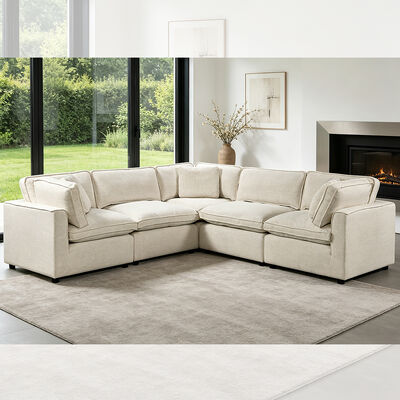 Divano modulare a sezione con cuscino e cuscini per sedute a miscela di piume, tessuto beige