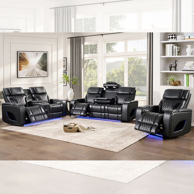 Divano Power Recliner set con poggiatesta e tavolo a discesa e altoparlante e deposito e luce a LED, funzione di massaggio, pelle nera