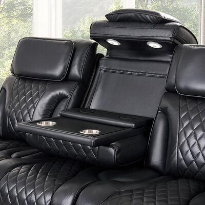 Divano Power Recliner set con sedili Power Recliner e poggiatesta Power e tavolo a discesa e altoparlante e deposito e luce LED, funzione di massaggio, pelle nera