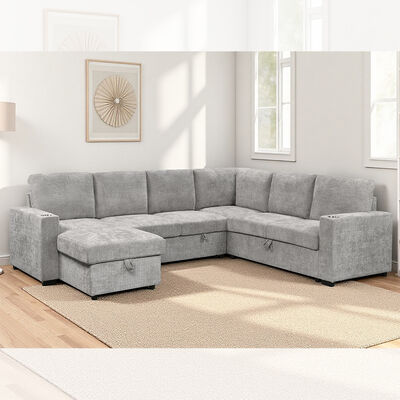 Divano letto componibile a U con letto estraibile e chaise longue contenitore, divano contenitore e portabicchieri, tessuto grigio