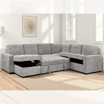 Divano letto componibile a U con letto estraibile e chaise longue contenitore, divano contenitore e portabicchieri, tessuto grigio