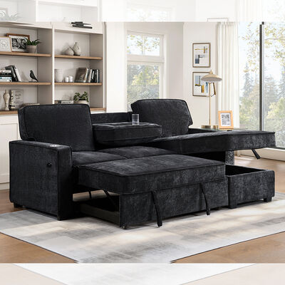 Divano letto componibile reversibile a L con letto estraibile, tavolino ribaltabile e contenitori, ciniglia nero antracite