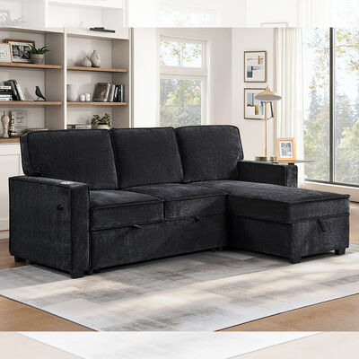 Divano letto componibile reversibile a L con letto estraibile, tavolino ribaltabile e contenitori, ciniglia nero antracite