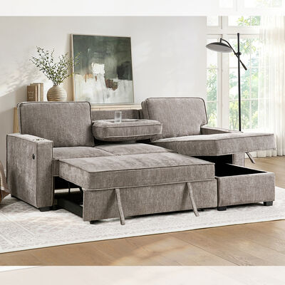 Divano letto a sezione inversibile a forma di L con letto estraibile e tavolo e magazzino, marrone chiaro grigio chenille