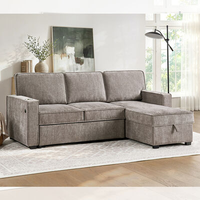 Divano letto a sezione inversibile a forma di L con letto estraibile e tavolo e magazzino, marrone chiaro grigio chenille