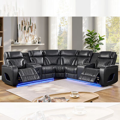 Divano angolare con poltrone reclinabili elettriche, 2 sedute reclinabili elettriche con poggiatesta elettrici, altoparlante, vano portaoggetti e luce LED, funzione massaggio, ecopelle nera