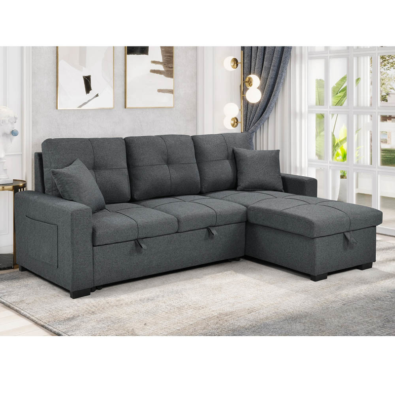 Divano da letto a forma di L, con letto e deposito, in tessuto grigio neutro