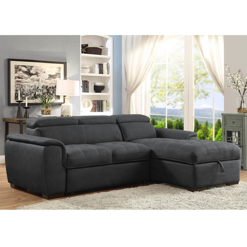 Divano a seczione a forma di L con letto estraibile e poggiatesta regolabili e sedia da letto, tessuto Nubuck di grafite