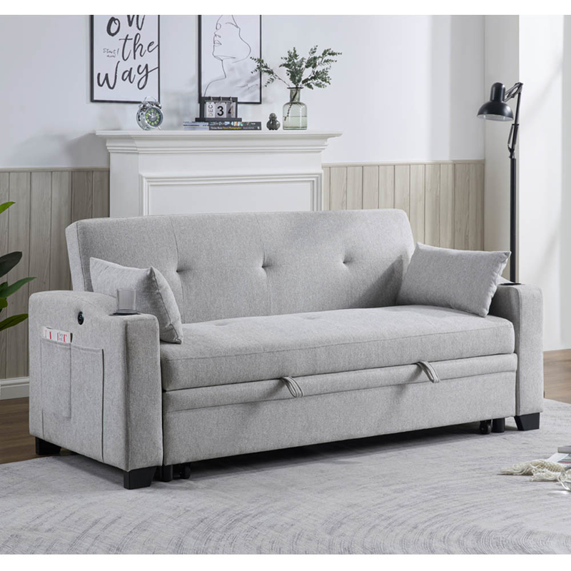 Letto divano convertibile Queen Size, comodo letto estraibile con schienale regolabile e porta di ricarica USB e portacoppe, Letto divano Futon, tessuto grigio