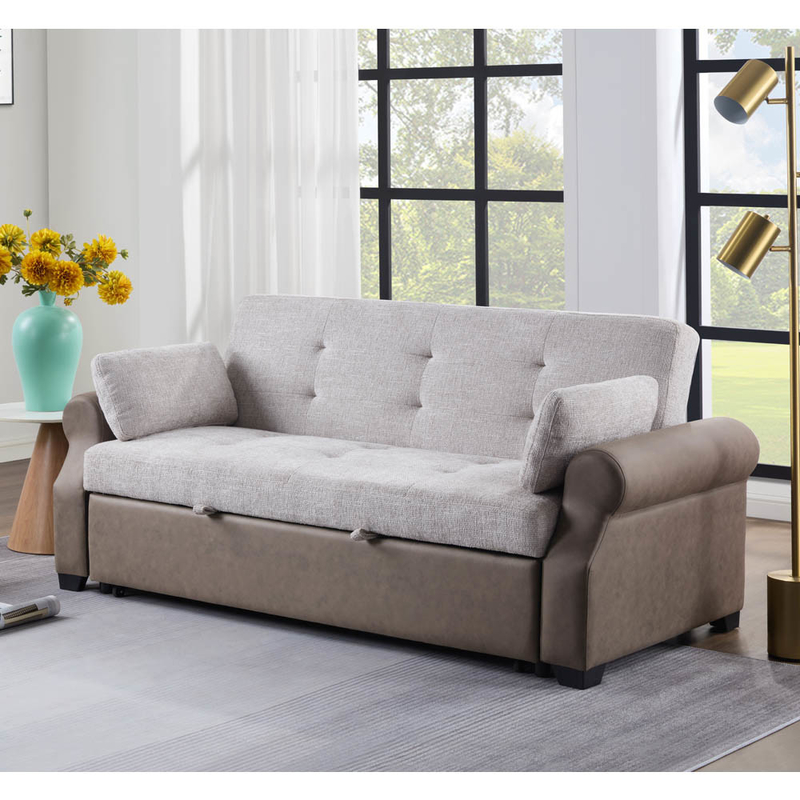 Divano letto convertibile Queen Size, comodo letto trascinante con schienale regolabile, divano letto Futon, tessuto grigio e tessuto marrone scuro