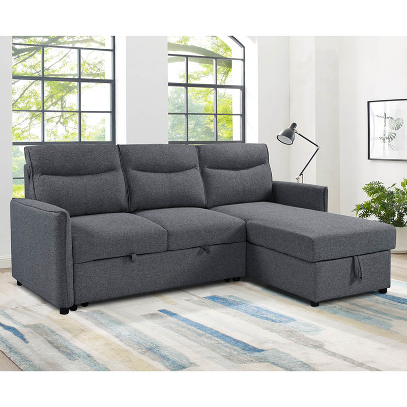 Divano da letto a forma di L, con letto e deposito, in tessuto grigio neutro