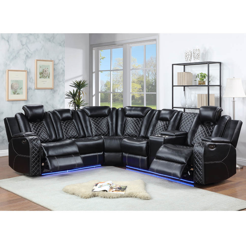 Divano d'angolo Power Recliner con 2 sedili Power Recliner e 2 poggiatesta Power e scatola di stoccaggio e braccia di stoccaggio e luce LED, pelle nera traspirante