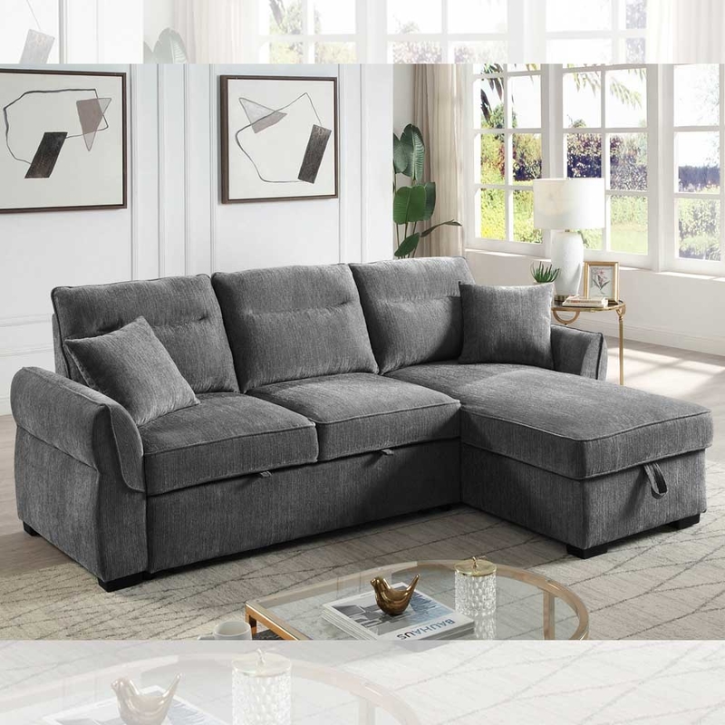 Divano da letto a forma di L con letto e deposito, in ciniglia grigio scuro