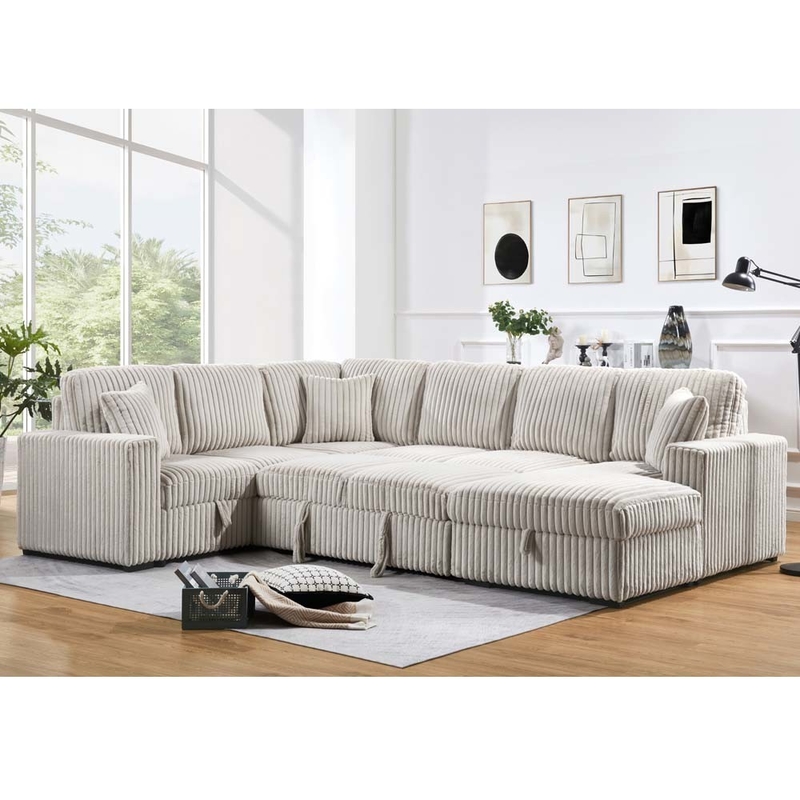Divano da letto a sezione a forma di U con letto e deposito traslocabile Chaise Lounge e storage Loveseat e porta di ricarica USB, tessuto Khaki Corduroy