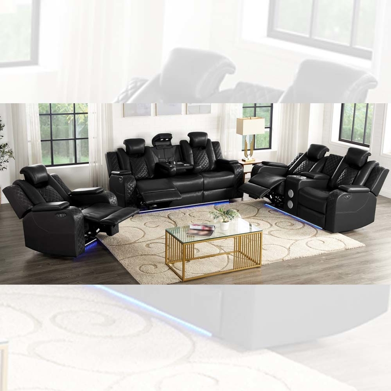Divano Power Recliner set con sedili Power Recliner e poggiatesta Power e tavolo a discesa e altoparlante audio Bluetooth e scatola di archiviazione e braccia di archiviazione e luce LED, pelle nera traspirante
