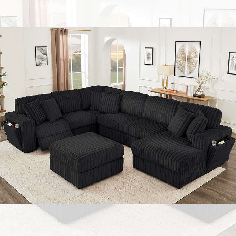 Set di divani reclinabile con portatavola nascosta e caricabatterie wireless, tessuto nero in corduroy