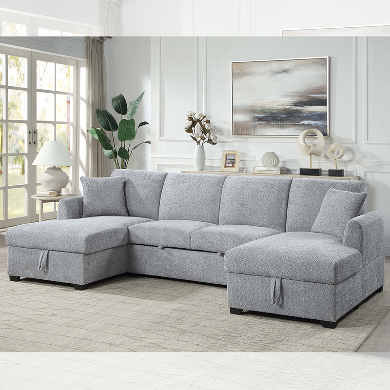 Divano letto componibile a forma di U con letto estraibile e chaise longue contenitore, tessuto sherpa grigio