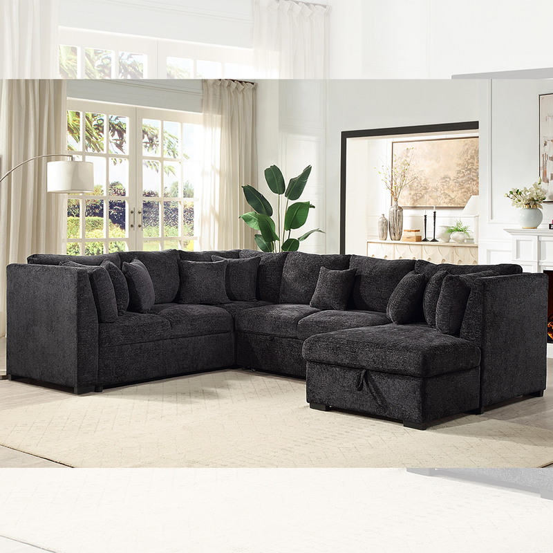 Divano letto componibile a forma di U con letto estraibile e chaise longue contenitore, tessuto nero