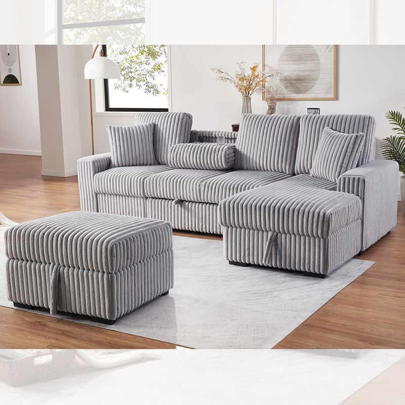 Sectional Sleeper Sofa with Pull-Out Bed and Dropdown Table and Storage Chaise and Storage Ottoman, Gray Corduroy Fabric
