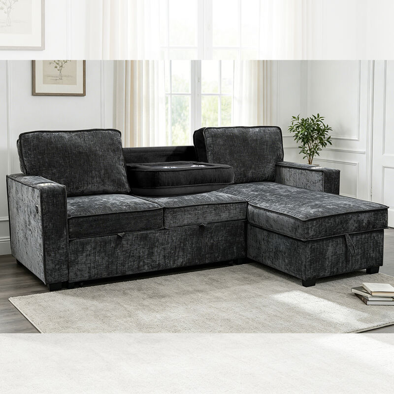 Divano letto componibile reversibile a L con letto estraibile, tavolino ribaltabile e contenitori, ciniglia nero antracite