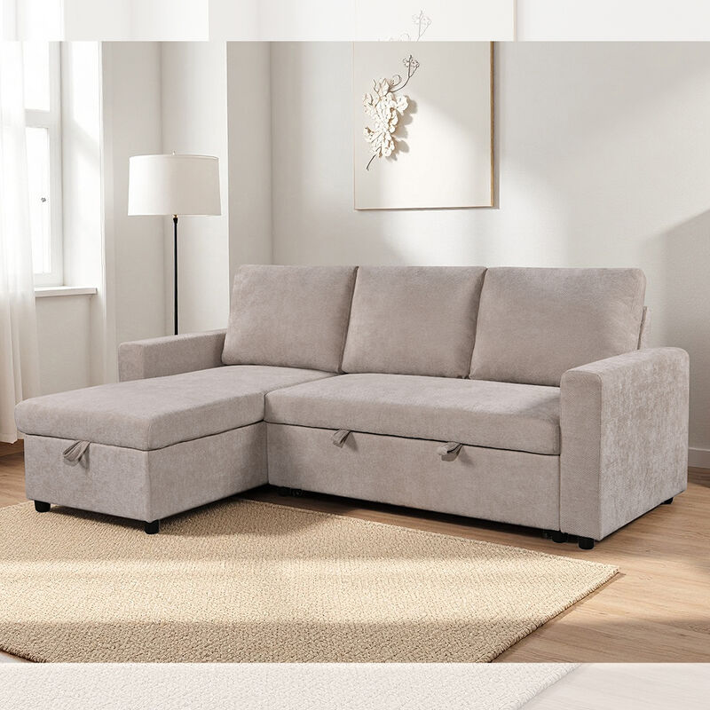 Divano da letto a forma di L, con letto e deposito, in tessuto beige