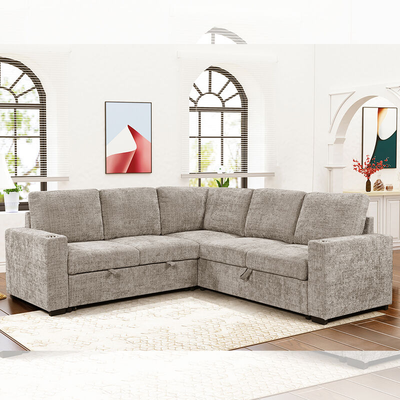Divano a sezione a forma di L con letto e portatavoli, di tessuto taupe