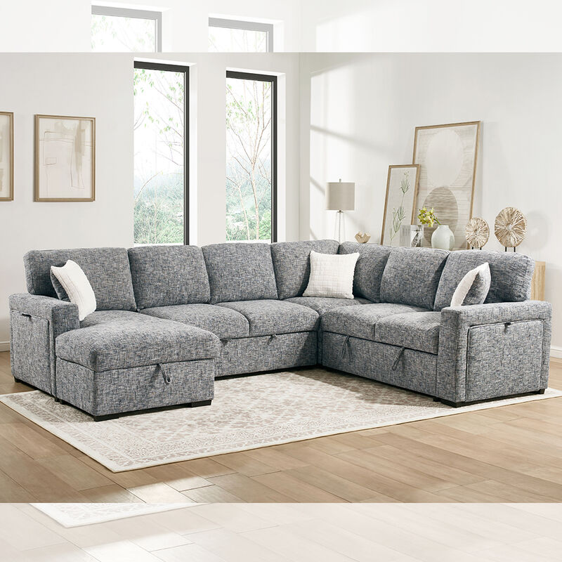 Divano letto componibile a forma di U con letto estraibile e tavolo a ribalta, chaise longue portaoggetti, divanetto portaoggetti e portabicchieri, tessuto blu scuro