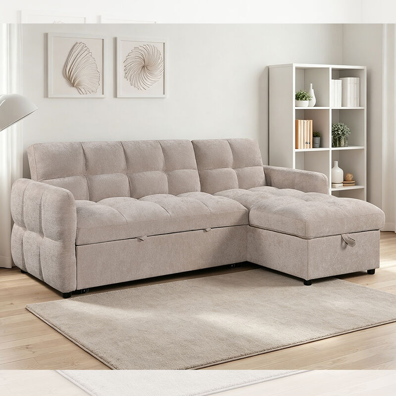 Divano letto a sezione a forma di L con letto estraibile e schienale regolabile e sedia da letto, di tessuto beige