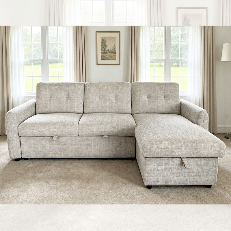 Divano letto componibile a L con letto estraibile e schienale regolabile e chaise longue portaoggetti, tessuto grigio chiaro