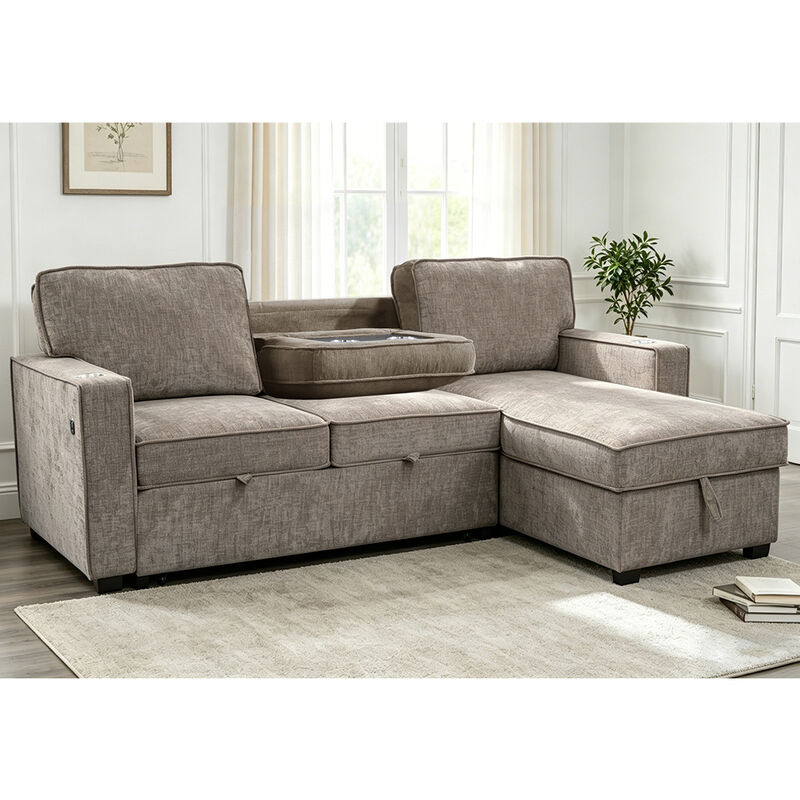 Divano letto a sezione inversibile a forma di L con letto estraibile e tavolo e magazzino, marrone chiaro grigio chenille