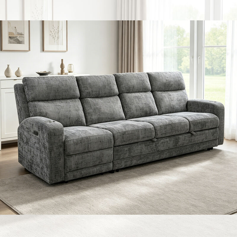 Gran divano a sezione con letto estraibile e sedia a sdraio, tessuto metallico grigio