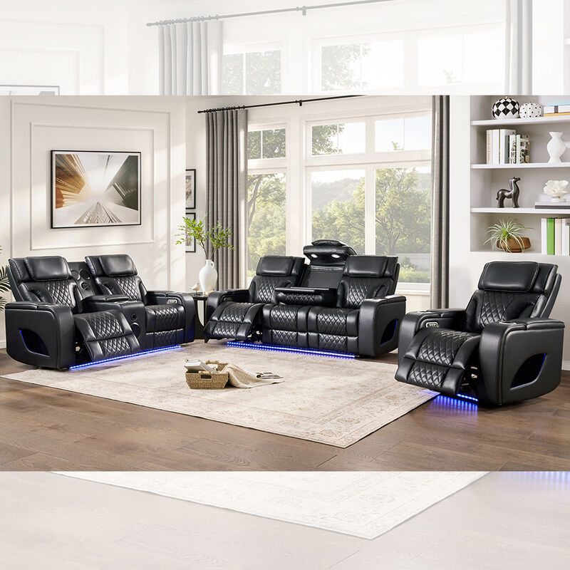 Divano Power Recliner set con sedili Power Recliner e poggiatesta Power e tavolo a discesa e altoparlante e deposito e luce LED, funzione di massaggio, pelle nera