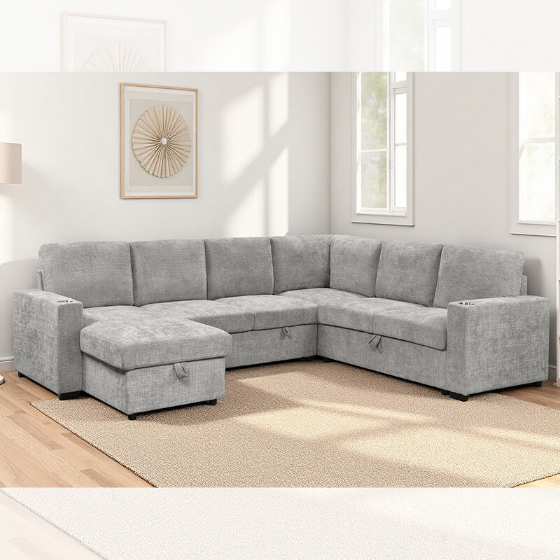 Divano letto componibile a U con letto estraibile e chaise longue contenitore, divano contenitore e portabicchieri, tessuto grigio