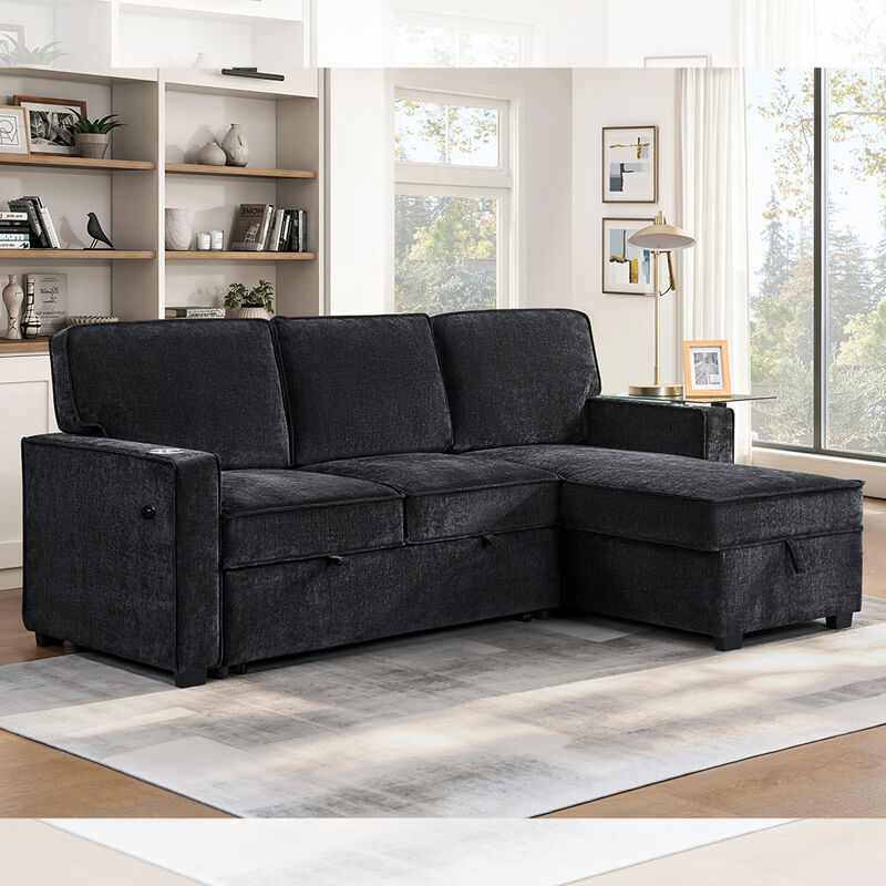 Divano letto componibile reversibile a L con letto estraibile, tavolino ribaltabile e contenitori, ciniglia nero antracite