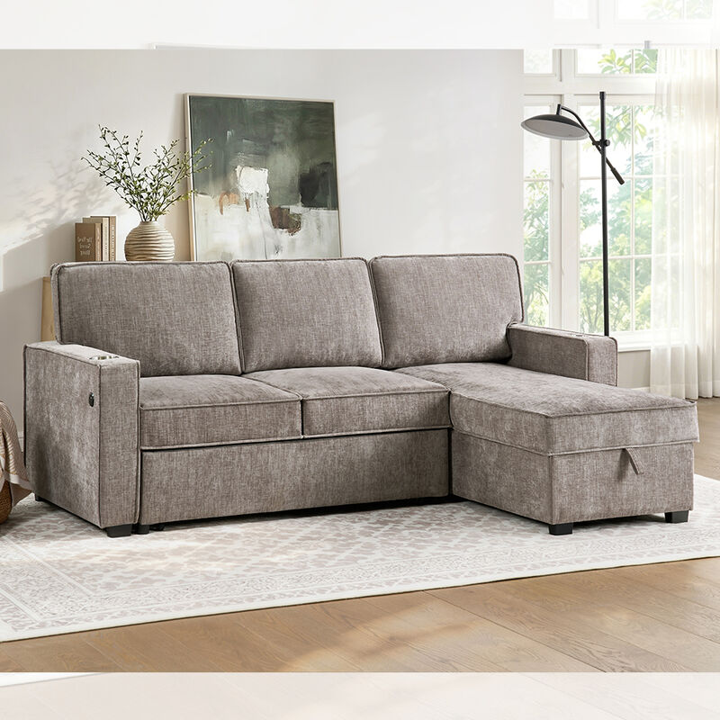 Divano letto a sezione inversibile a forma di L con letto estraibile e tavolo e magazzino, marrone chiaro grigio chenille