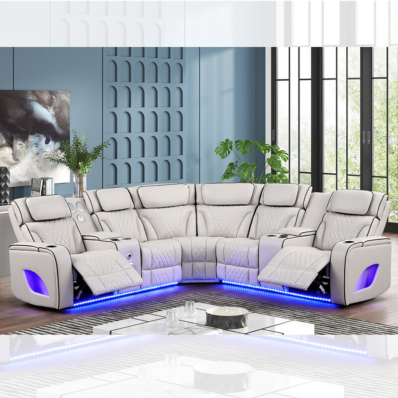 Divano angolare con poltrone reclinabili elettriche, 2 sedute reclinabili elettriche e poggiatesta elettrici, altoparlante, vano portaoggetti e luce LED, funzione massaggio, ecopelle beige